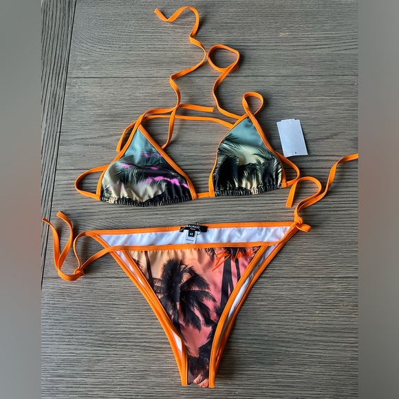 Balmain Sunset Print Bikini Set Palm Tree in Orange Polyamide sz 42 US 10 - Picture 10 of 11